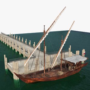 Docked Qatar Dhow Two Masts Folded Sails