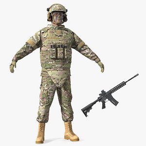 3D Soldier in Green Tactical Gear and Rifle A-pose Fur model