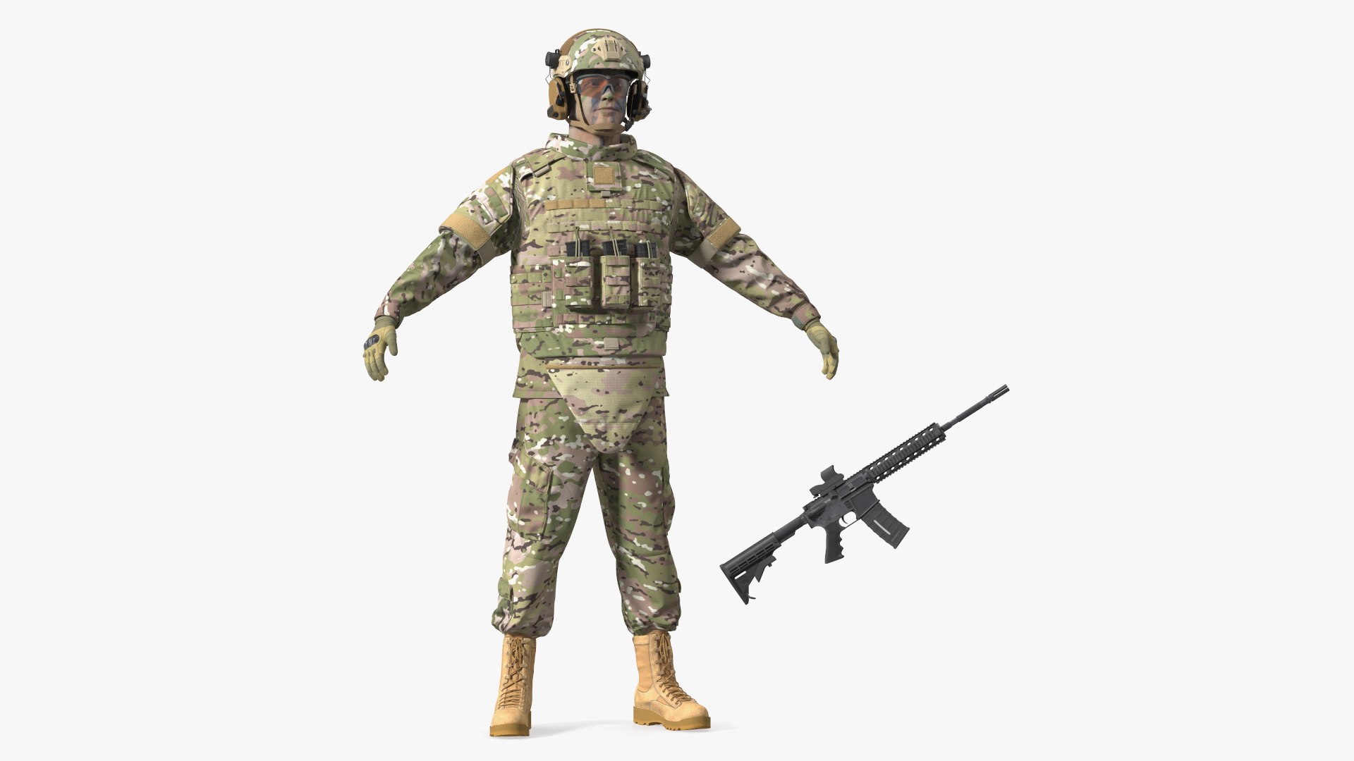 Soldier in Green Tactical Gear and Rifle A-pose Fur 3D model preview