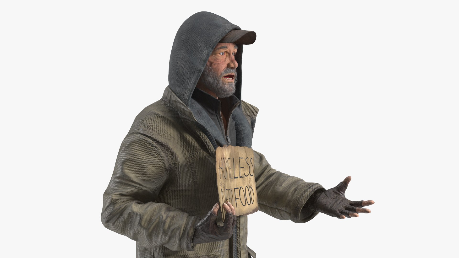 3D Homeless Man With A Sign Asking For Alms - TurboSquid 2283329