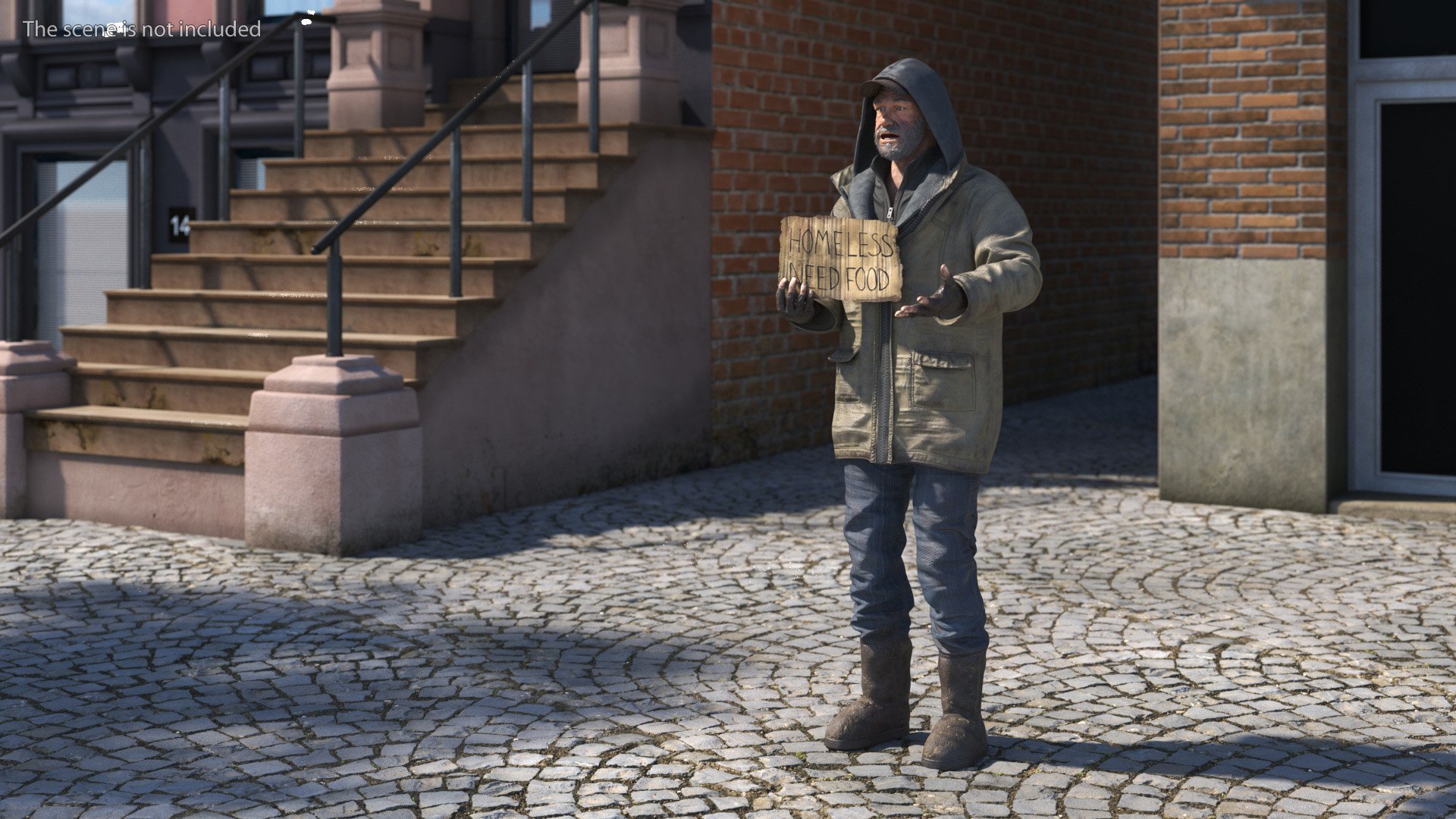 3D Homeless Man With A Sign Asking For Alms - TurboSquid 2283329