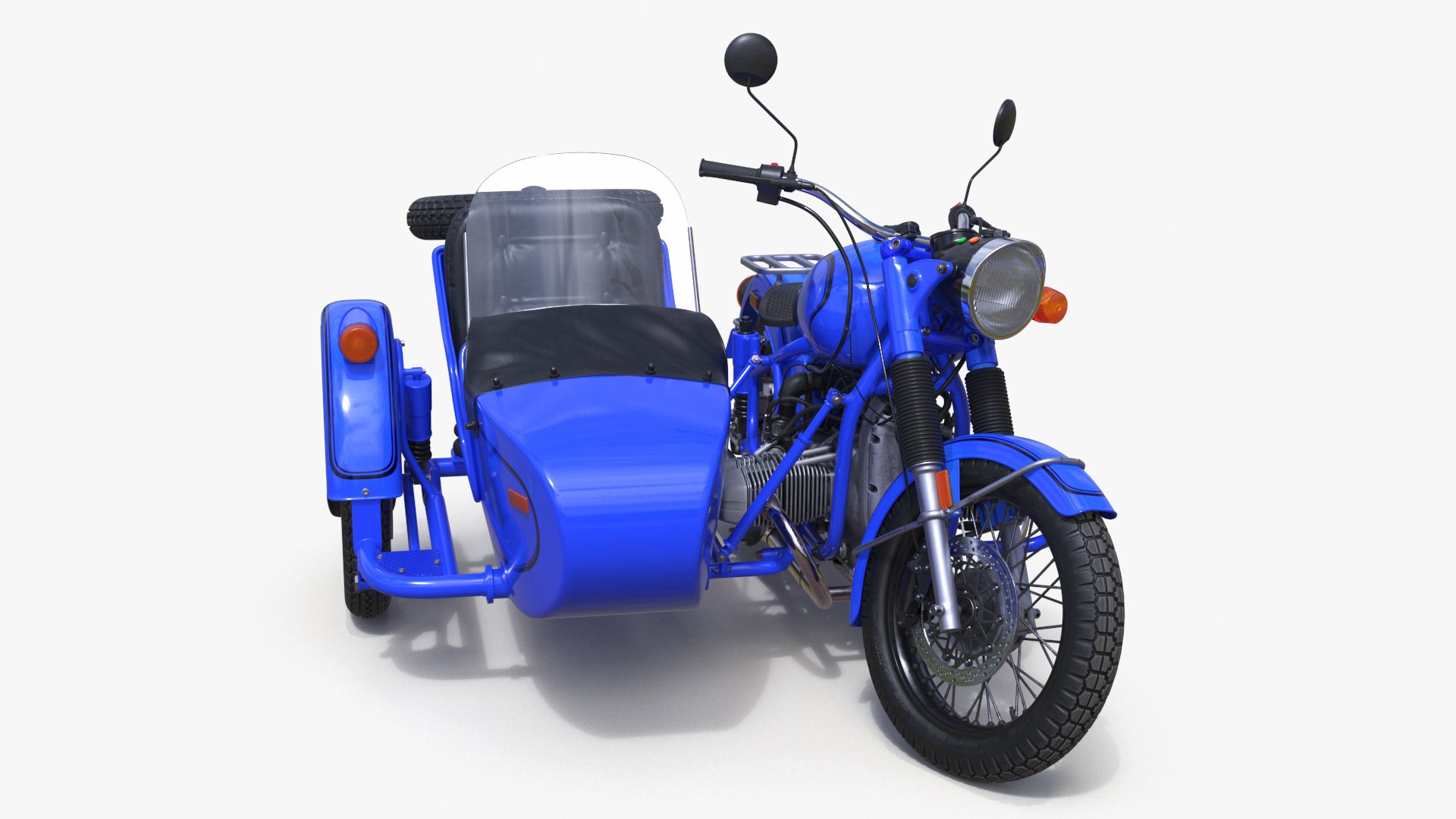 Retro Classic Blue Motorcycle with Sidecar Rigged for Cinema 4D 3D model preview
