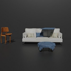 3D Sofa com almofadas e uma cadeira e com mesa de centro