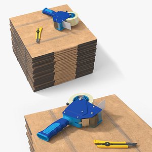 Cardboard Box Stack With Tape Gun And Utility Knife