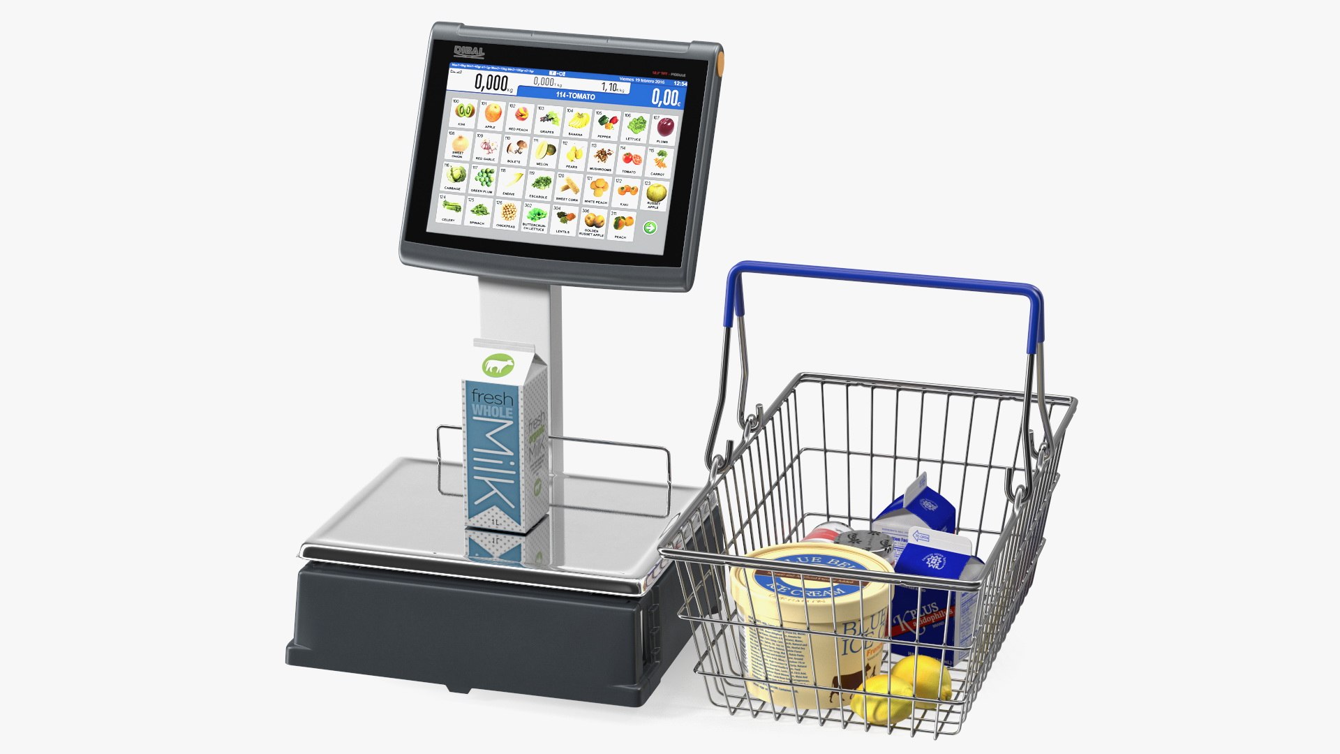 Self-service Scales D-900 with Shopping Cart with Goods 3D model preview