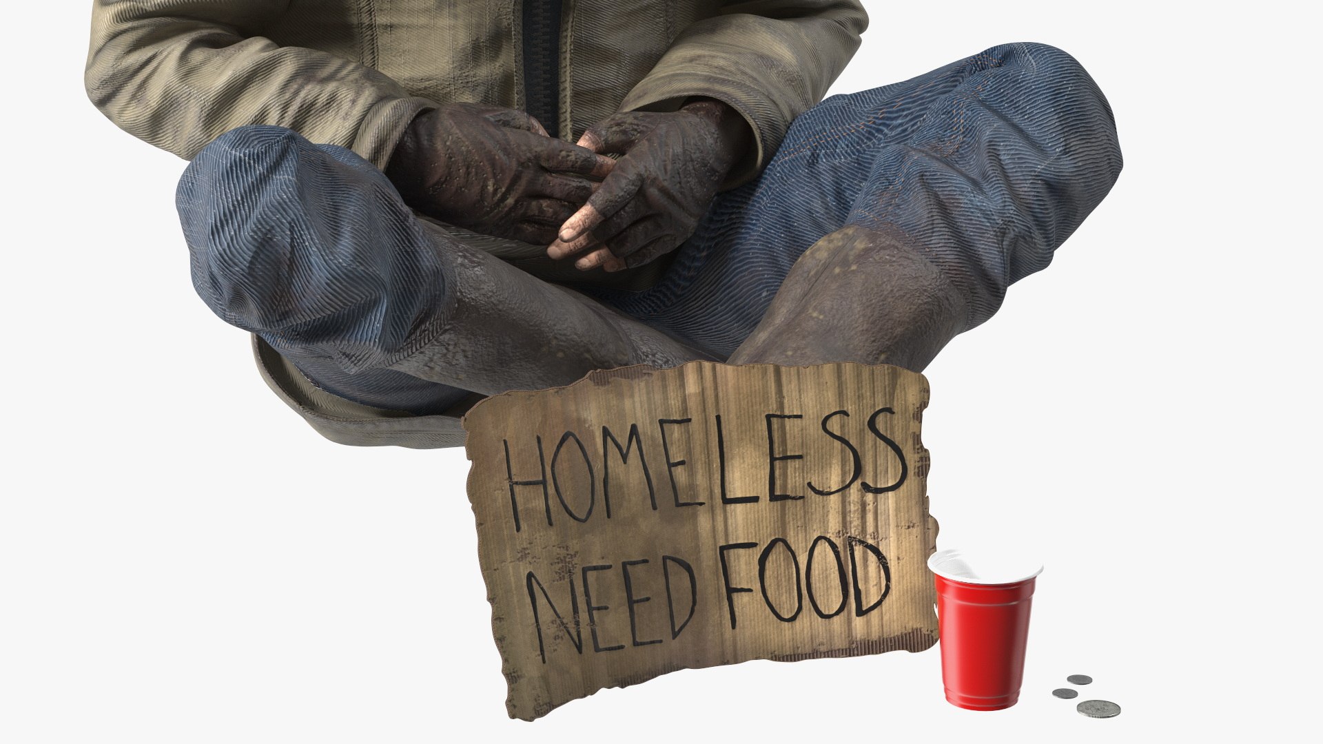 Homeless Man With A Sign And A Cup Of Change 3D Model - TurboSquid 2283309