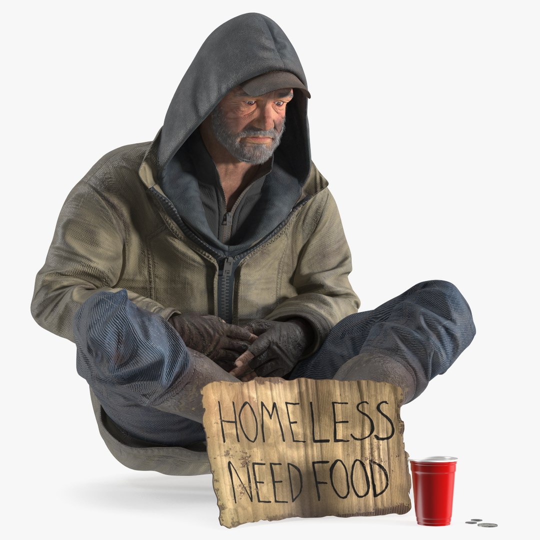 Homeless Man with a Sign and a Cup of Change 3D model preview