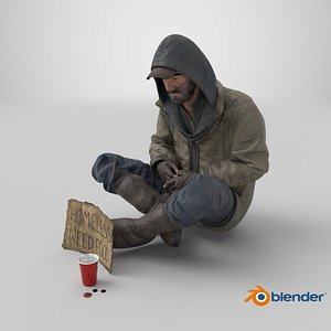 Homeless Man with a Sign and a Cup of Change 3D model