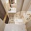 Scene of modern bathroom in gold and beige colors