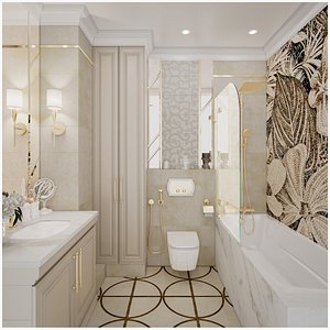 Scene of modern bathroom in gold and beige colors model