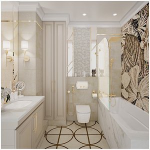 Scene of modern bathroom in gold and beige colors