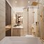Scene of modern bathroom in gold and beige colors