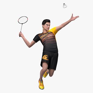 Asian Man with Badminton Racket Playing Pose