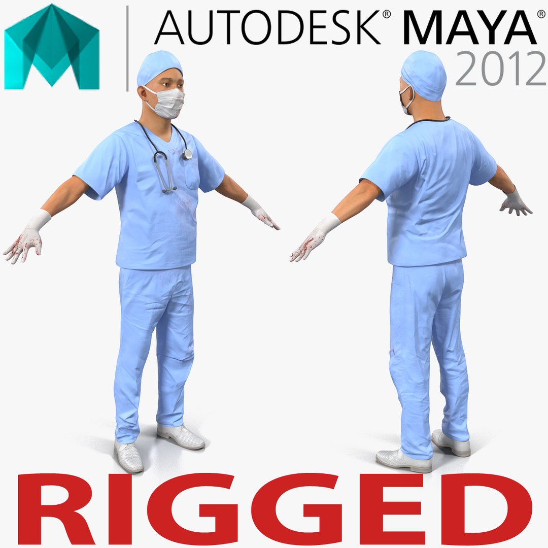 Male Surgeon Asian Rigged with Blood for Maya 3D Model 3D model preview
