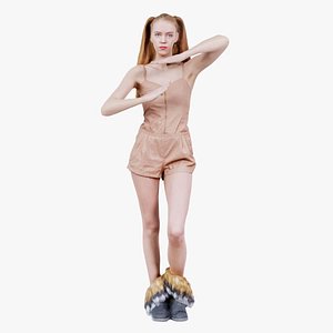 Woman in Beige Jumpsuit and Double Ponytails Posing Manga Remastered 3D model