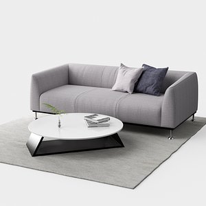 Modern Grey Fabric Sofa with Stylish Pillows and Round Coffee Table Set