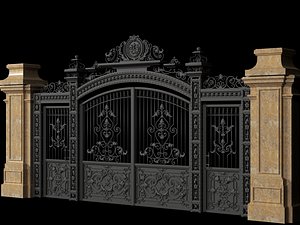 3D Luxury Classic Wrought Iron Gate And Stone Pillar Entrance model