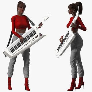 Dark Skin Woman with Roland AX Edge Keytar Rigged for Maya 3D