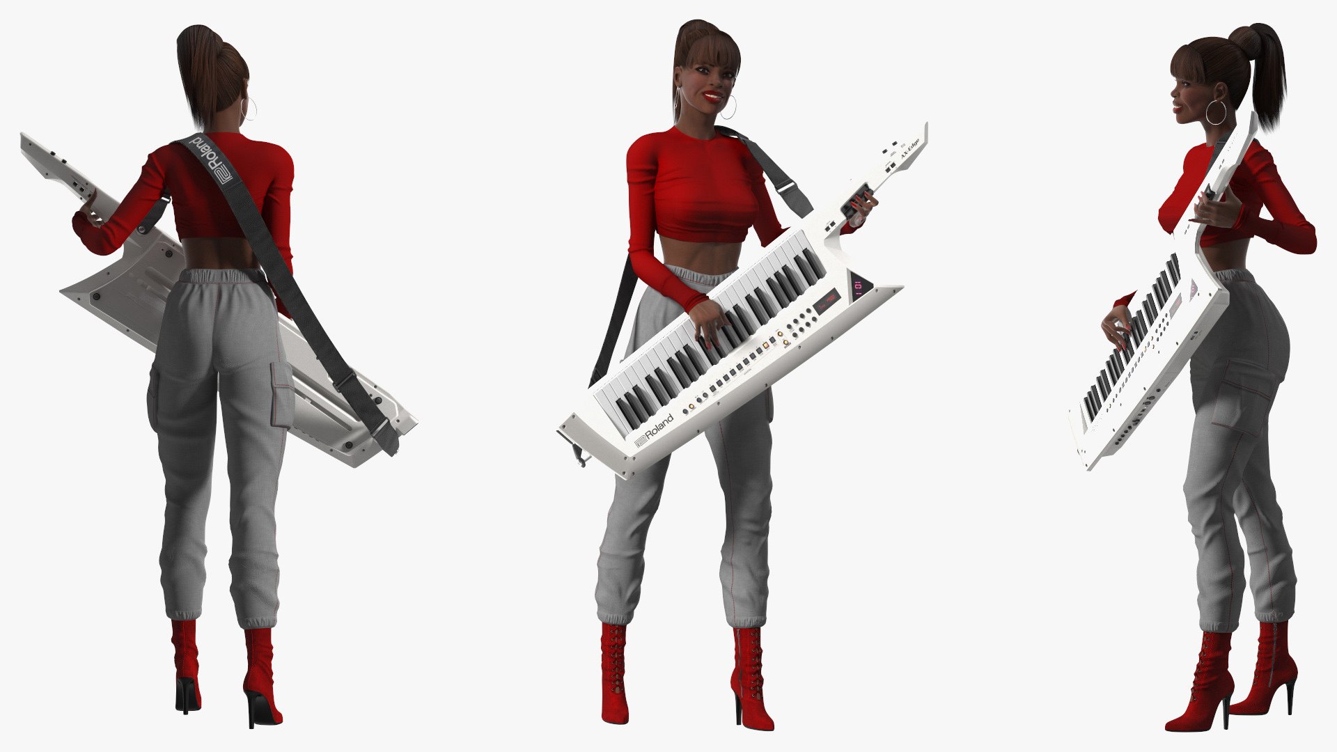 Dark Skin Woman with Roland AX Edge Keytar Rigged for Maya 3D model preview
