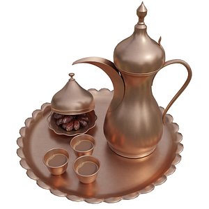 3D Arabic Ramadan  Eid Hospitality Set Traditional Copper Dallah with Cups  Dates model