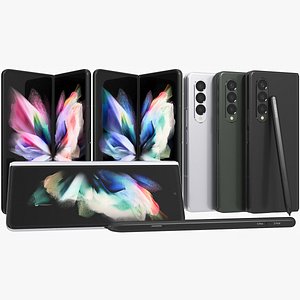3D model Samsung Galaxy Z Fold 3 with S-Pens All Colors Animated
