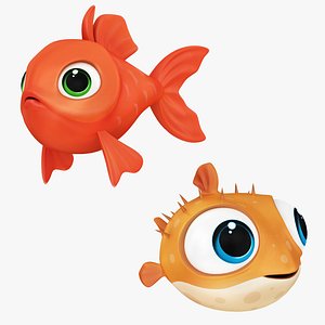 3D Cartoon Gold Fish and Puffer Fish
