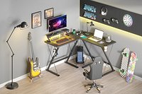 L Shaped Gaming Desk with LED Lights  Carbon Fiber Surface Corner Computer Desk for Gaming Room
