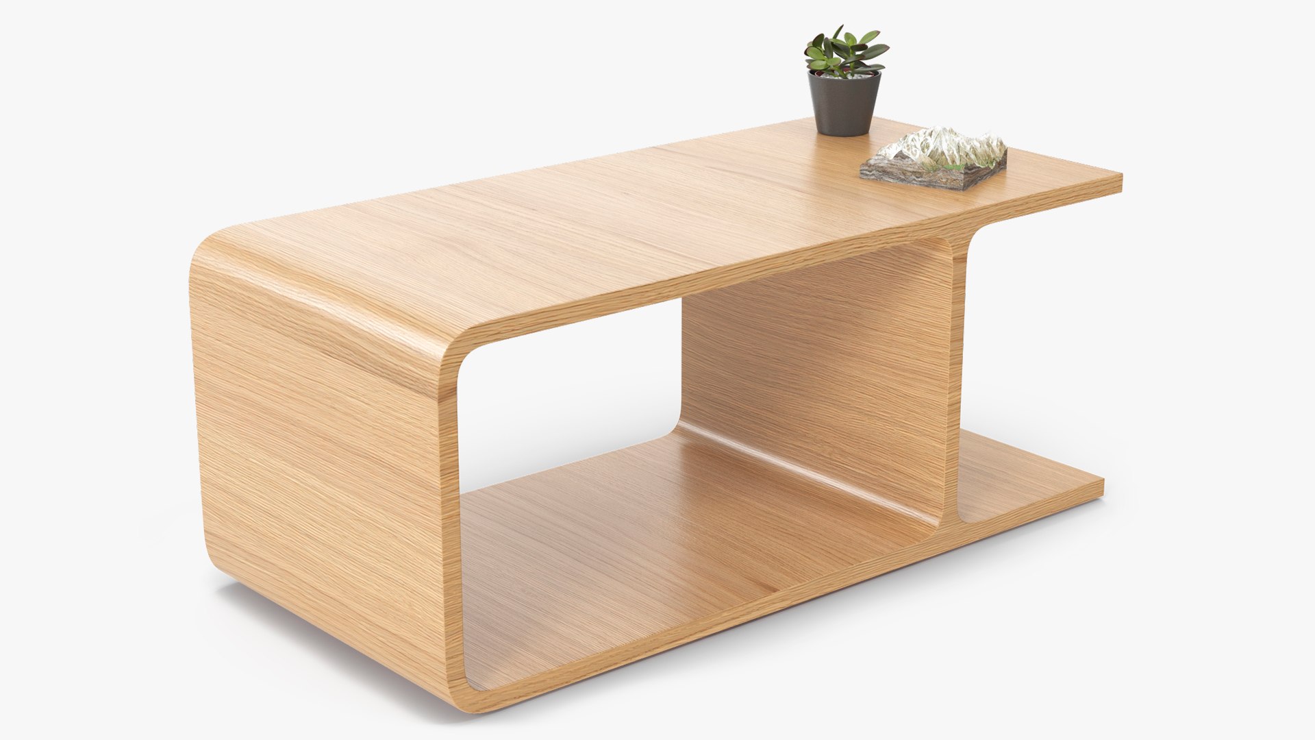 Wooden Minimalist Nightstand with Plant and Mountain Model 3D model preview