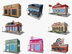 3D Cartoon City Buildings Shops Low-poly 3D model model