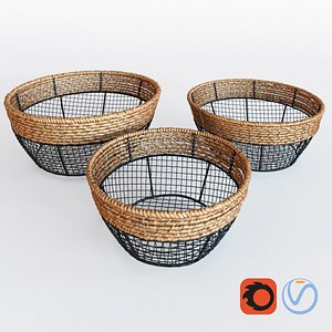 Black Iron Wire Round Wide-Mouth Basket With Seagrass