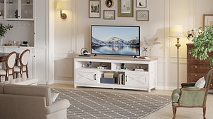 Farm Style Entertainment Center  Large Wooden TV Cabinet with Tempered Glass Doors for Living Room