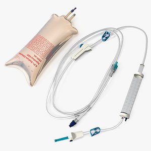 Sodium Chloride Bag 1L with IV Rolled Dropper 3D model