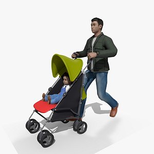 3D 3D STATIC RIGGED MODEL OF A CASUAL EURO MAN PUSHING CHILD AND STROLLER PRAM