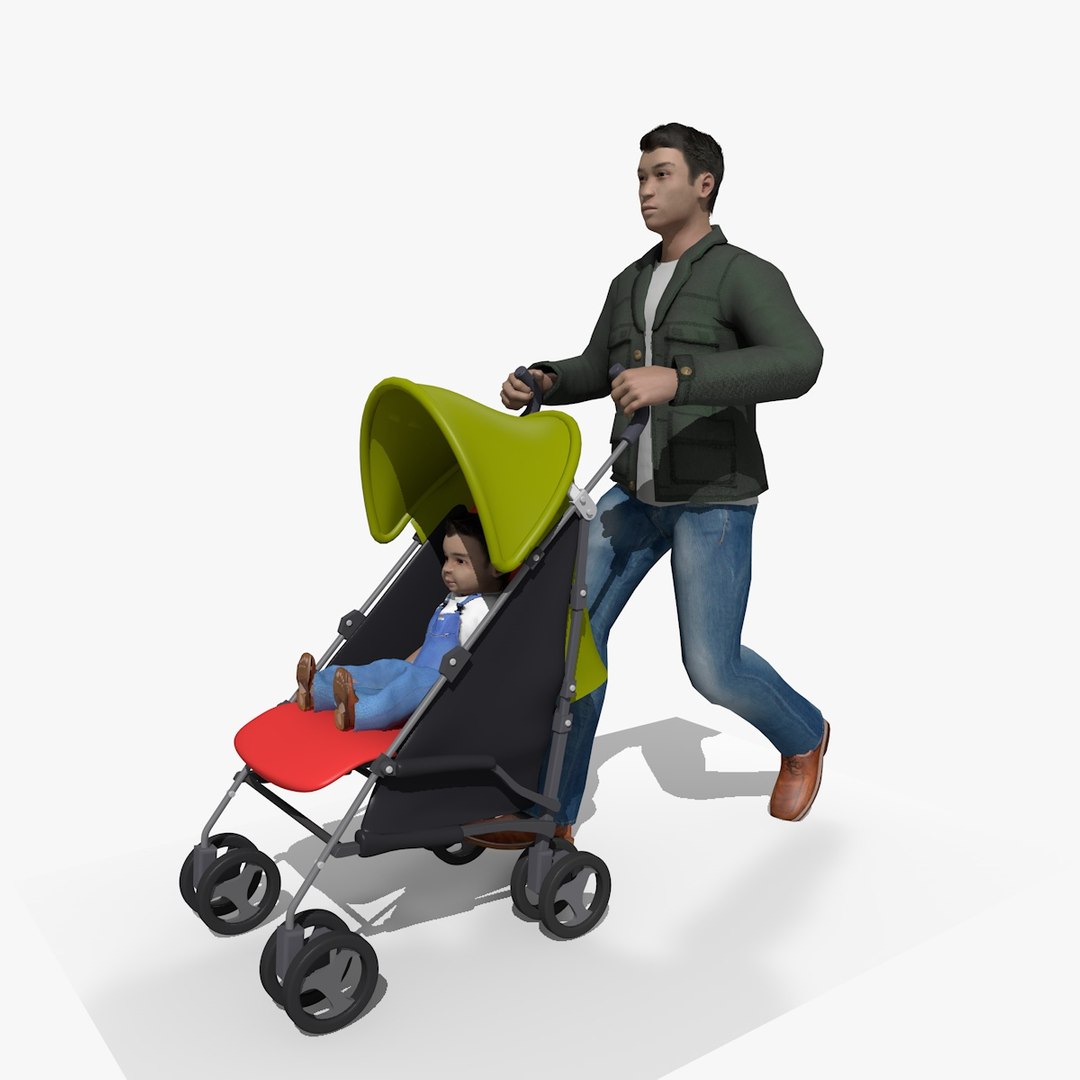 3D Model Animated Casual Walking Man Pushing A Stroller Pram And