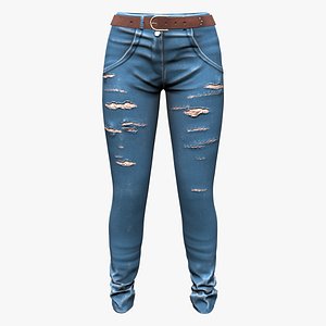 Rough Torn Effect Jeans Denims Pants With Belt model