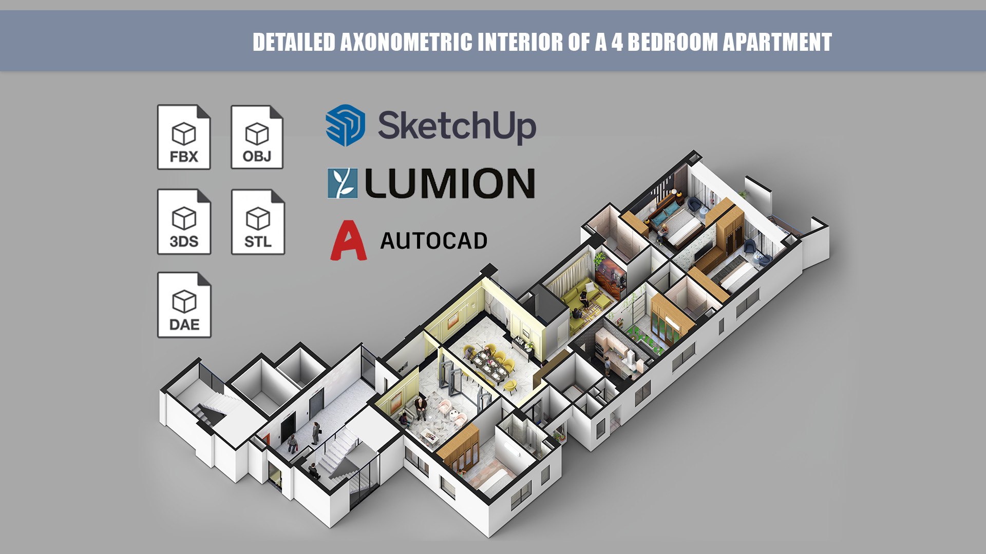 Detailed Axonometric Interior Of A 4 Bedroom Apartment 3D Model ...