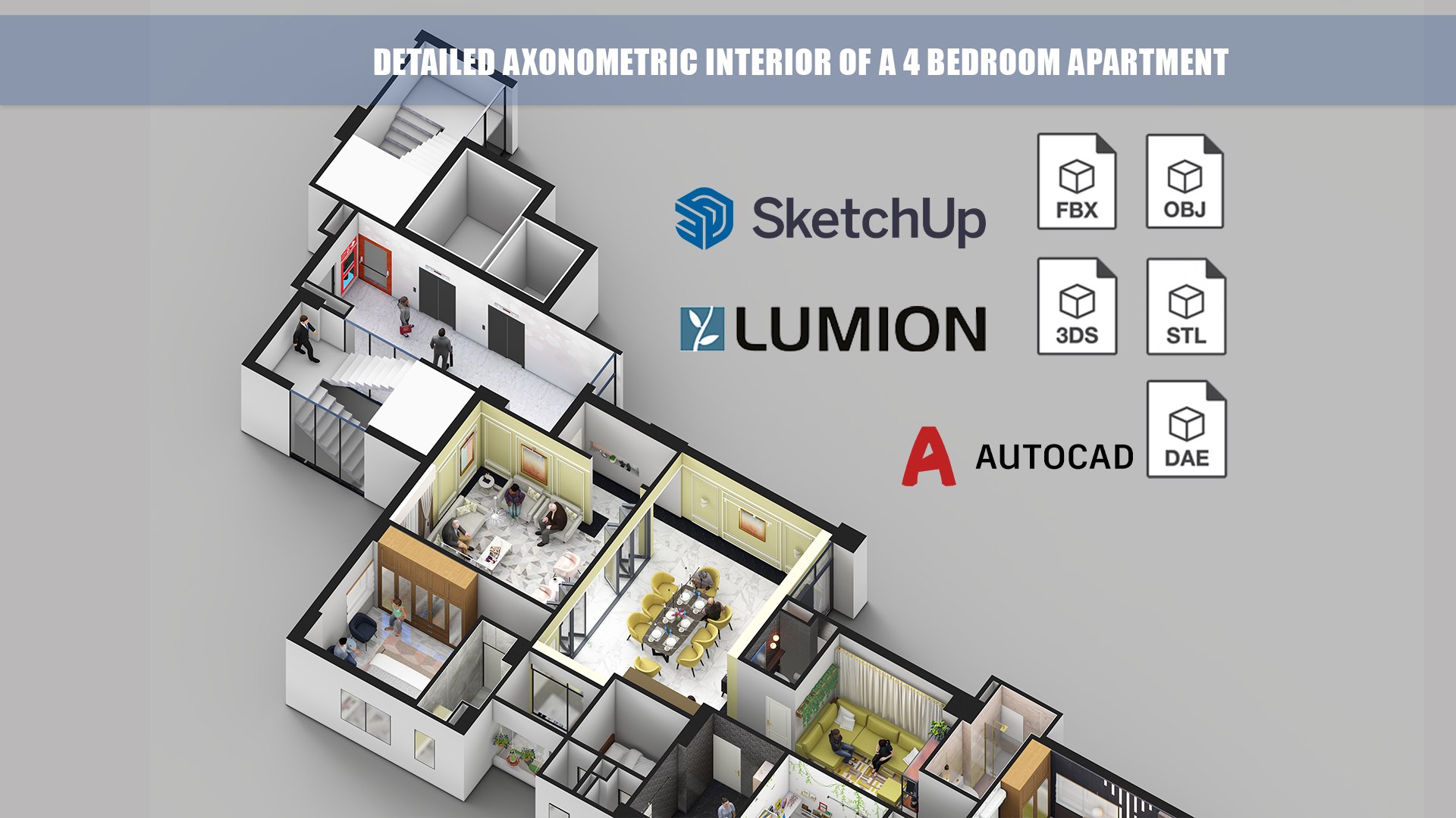 Detailed Axonometric Interior Of A 4 Bedroom Apartment 3D Model ...