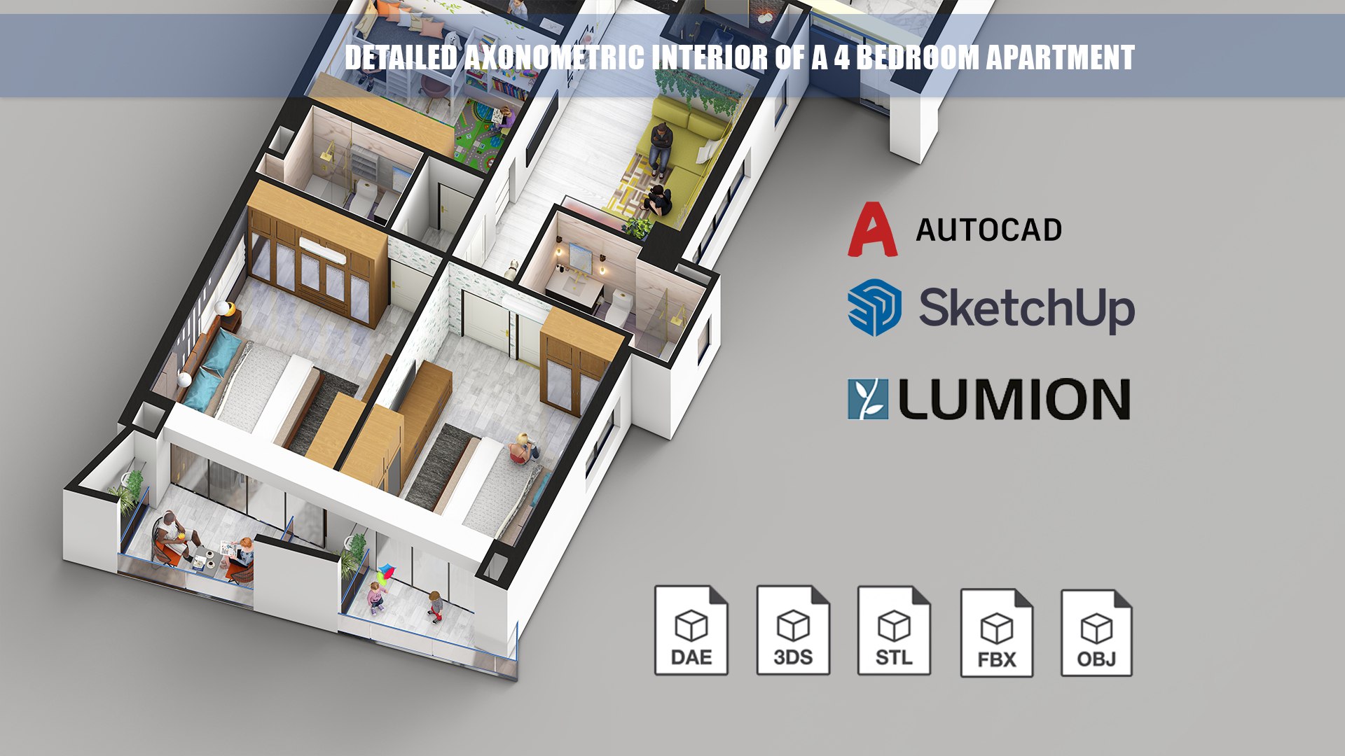 Detailed Axonometric Interior Of A 4 Bedroom Apartment 3D Model ...