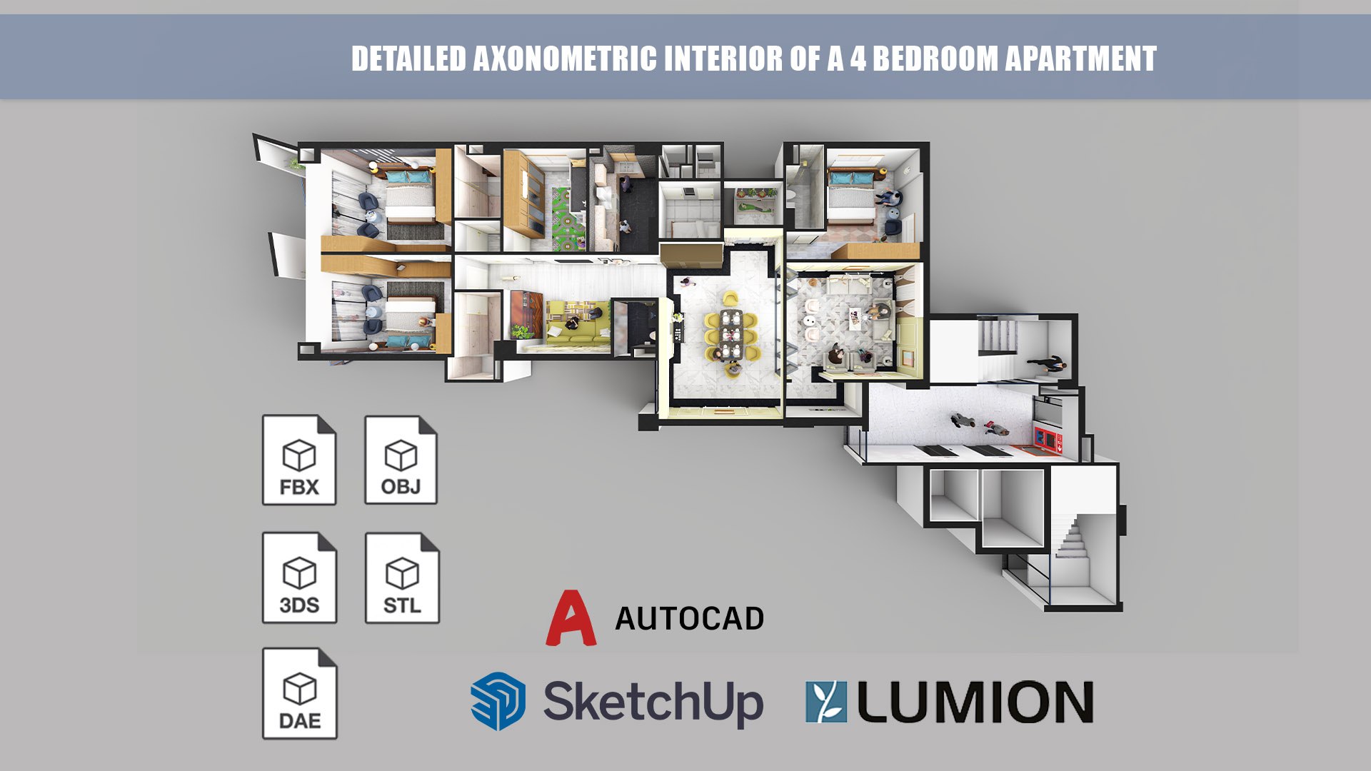 Detailed Axonometric Interior Of A 4 Bedroom Apartment 3D Model ...