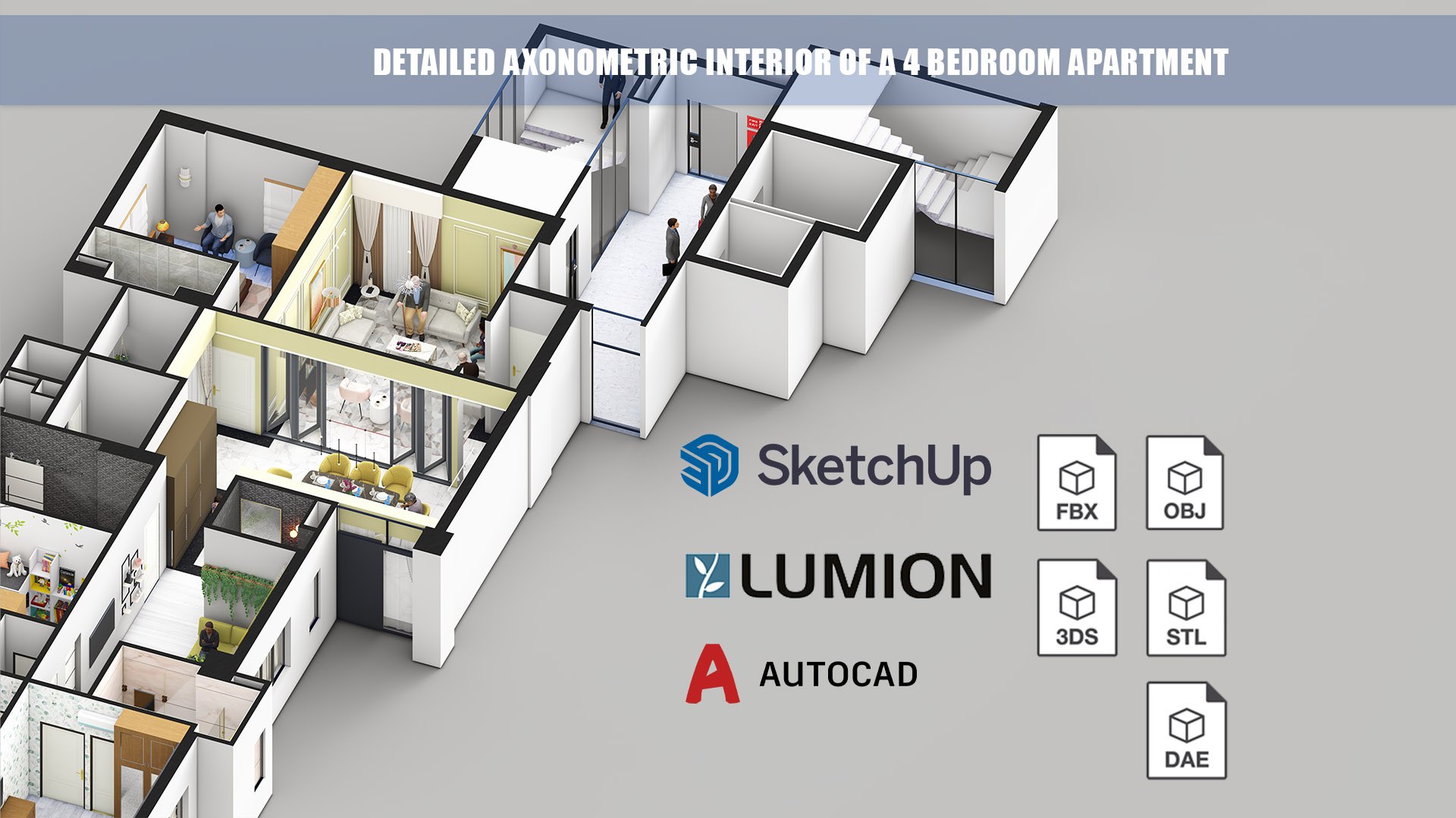 Detailed Axonometric Interior Of A 4 Bedroom Apartment 3D Model ...