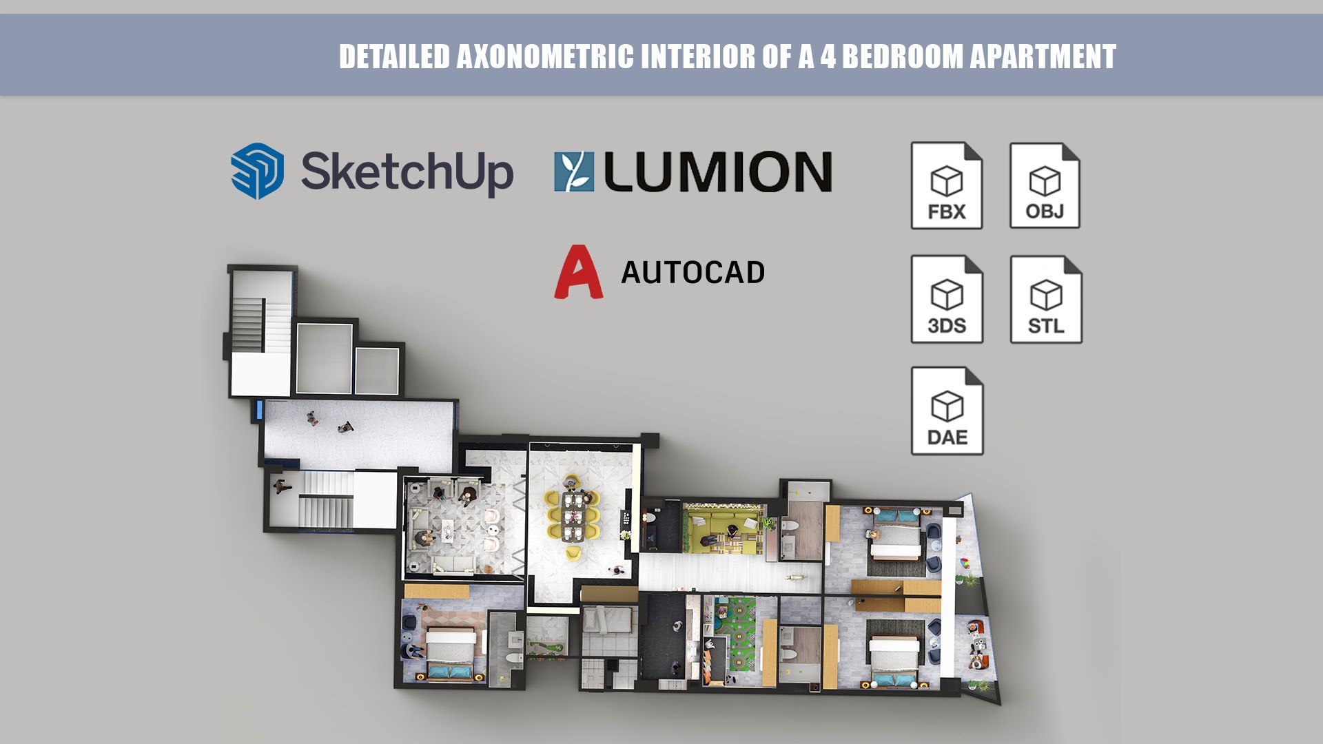 Detailed Axonometric Interior Of A 4 Bedroom Apartment 3D Model ...