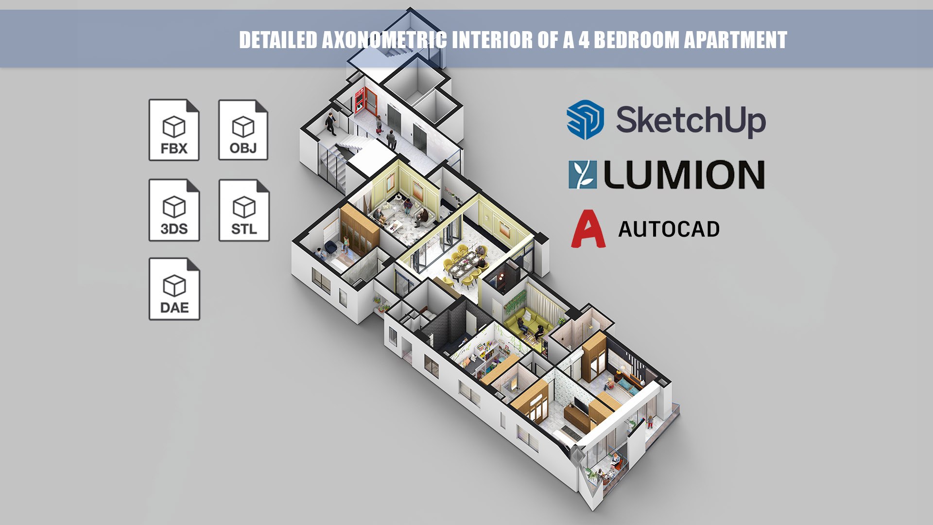 Detailed Axonometric Interior Of A 4 Bedroom Apartment 3D Model ...