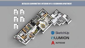Detailed Axonometric Interior of a 4 bedroom apartment