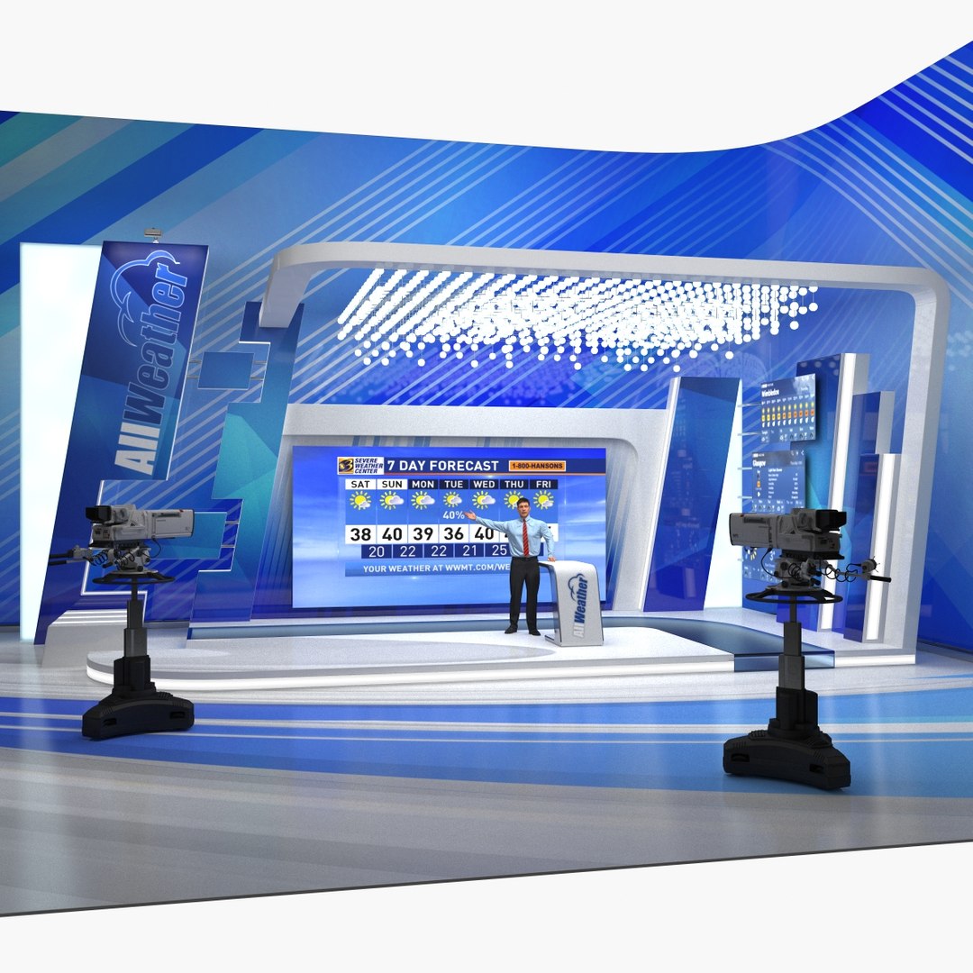 Weather Studio TV with Cameras and Presenter Rigged 3D Model