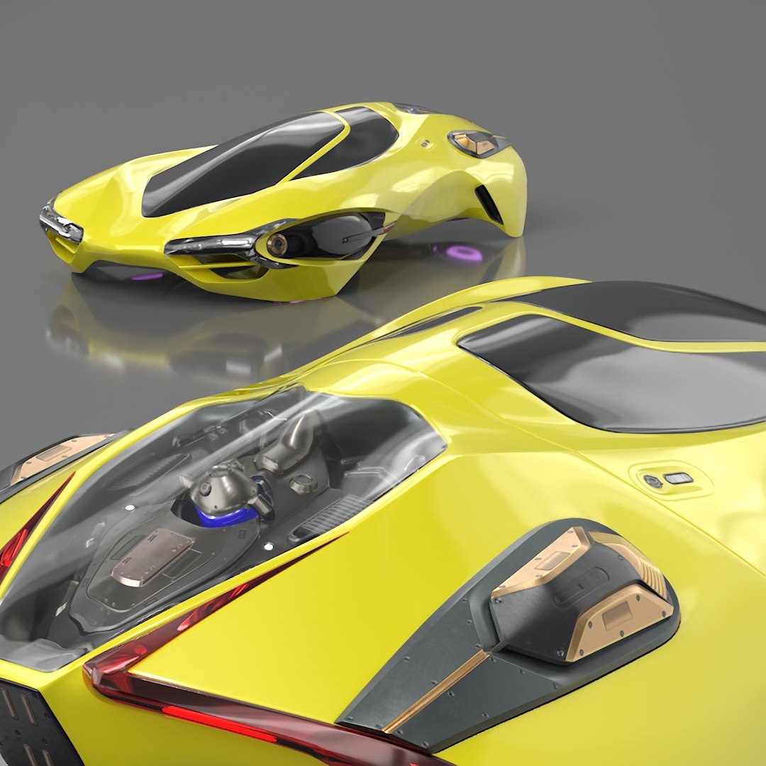 Futuristic Flying Vehicle Yellow Rigged 3D model preview