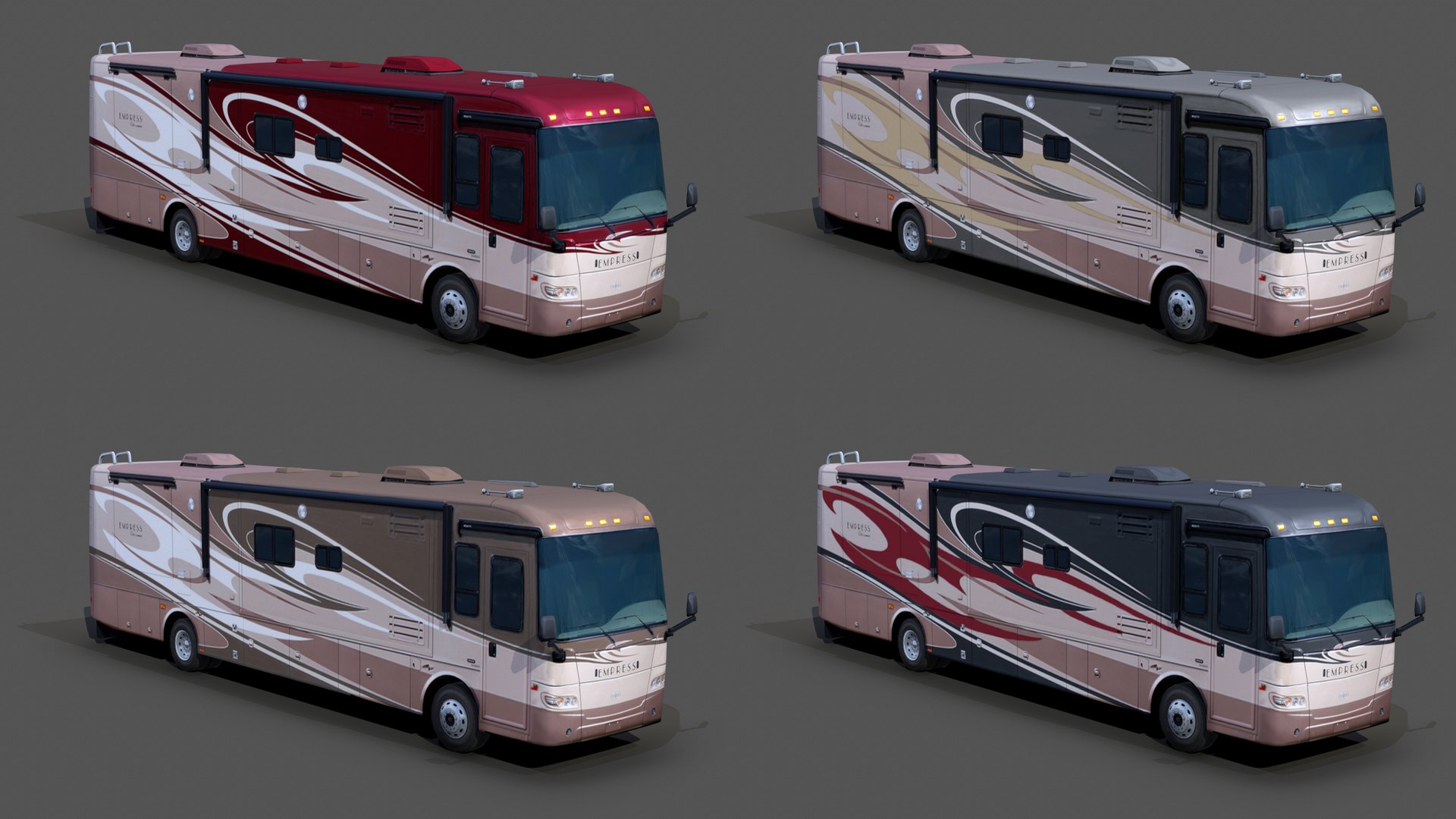 Recreational Vehicles Low Poly Collection 3D https://p.turbosquid.com/ts-thumb/oW/Y4673h/b2/triple_e_empress_rv_2009_0002_02_2560x1440/jpg/1785239180/1920x1080/fit_q87/82b0aea94766a444540cd73794962c553849aeb9/triple_e_empress_rv_2009_0002_02_2560x1440.jpg