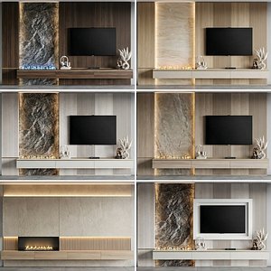 3D Modern TV Wall Unit with Linear Fireplace