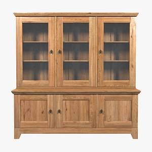 Country Display Cabinet 3 Glass Door Solid Natural Oak 3D