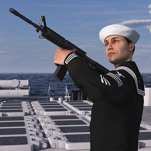 US Navy Sailor in Black Uniform with Rifle model