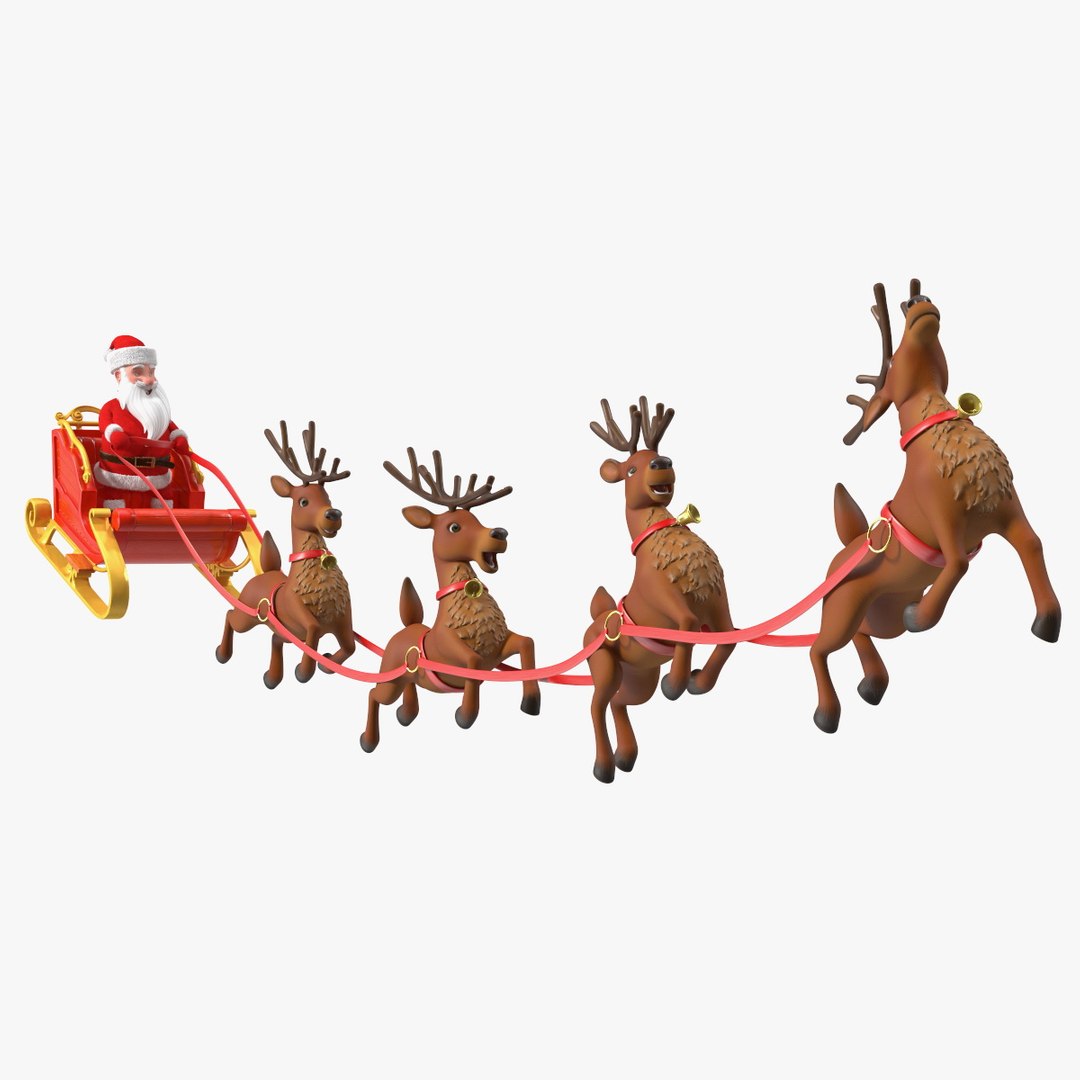 Santa Claus Reindeer Sleigh Flying Fur 3D model preview